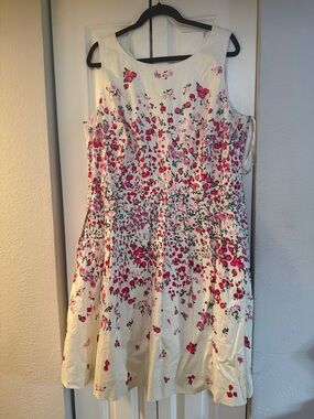Talbots Cream Floral Fit-and-Flare Dress with Pink & Green Print